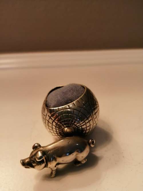Charming Antique English EPNS Pig and Ball Pin Cushion  #