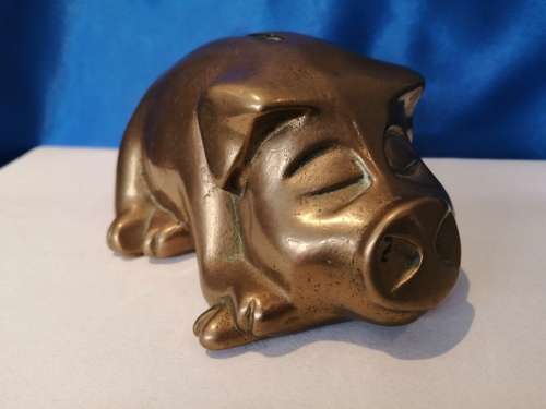 Brass Piggy Bank Pig 1970s Large Brass Rustic Farmhouse  #