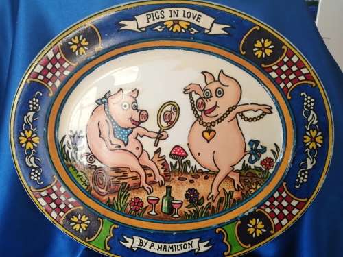 Vintage Pottery PIG HOG Serving PLATTER TRAY Dish Plate Pigs in Love #