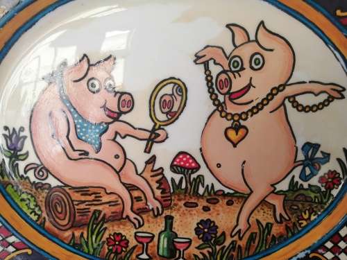 Vintage Pottery PIG HOG Serving PLATTER TRAY Dish Plate Pigs in Love #