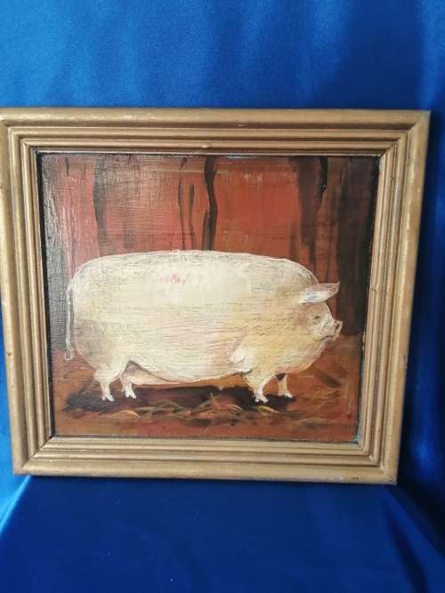 Vintage Painted Pig Picture on Wood  #