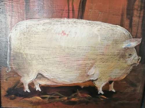 Vintage Painted Pig Picture on Wood  #