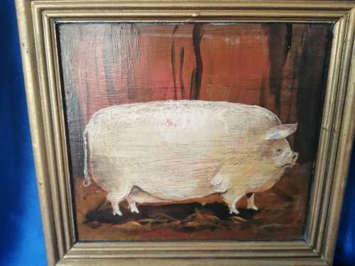 Vintage Painted Pig Picture on Wood  #
