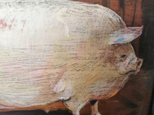 Vintage Painted Pig Picture on Wood  #