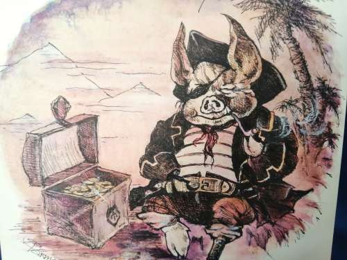 Illustrators original Watercolour Pig pirate 1975 signed