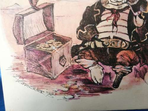 Illustrators original Watercolour Pig pirate 1975 signed
