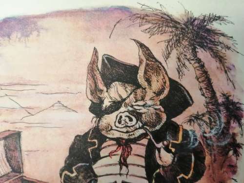 Illustrators original Watercolour Pig pirate 1975 signed
