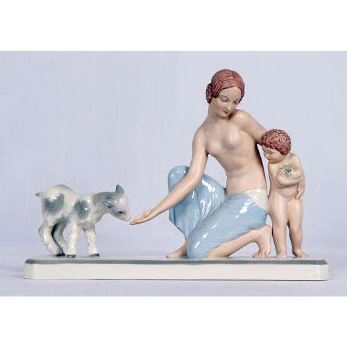 Royal Dux figural group of a mother a child with goat, pink triangle mark