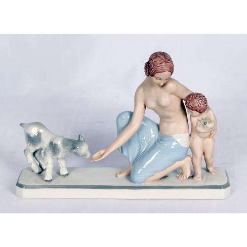 Royal Dux figural group of a mother a child with goat, pink triangle mark