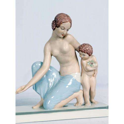 Royal Dux figural group of a mother a child with goat, pink triangle mark