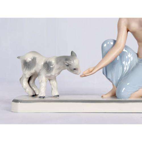 Royal Dux figural group of a mother a child with goat, pink triangle mark