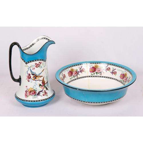Large H and K Tunstall wash basin and jug decorated with birds amongst foliage