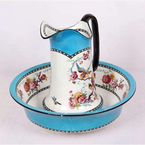 Large H and K Tunstall wash basin and jug decorated with birds amongst foliage
