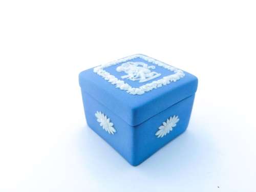 Vintage Wedgwood Jasper Blue Square Trinket Dish with Lid  #
