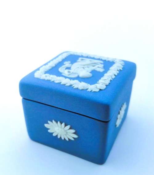 Vintage Wedgwood Jasper Blue Square Trinket Dish with Lid  #