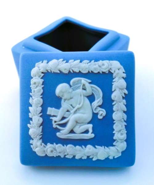 Vintage Wedgwood Jasper Blue Square Trinket Dish with Lid  #