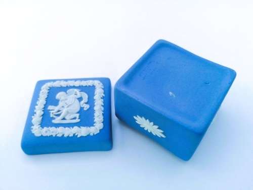 Vintage Wedgwood Jasper Blue Square Trinket Dish with Lid  #