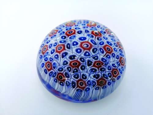 Stunning vibrant blue and red Millefiori glass paperweight VMI