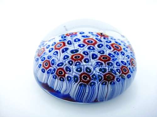 Stunning vibrant blue and red Millefiori glass paperweight VMI