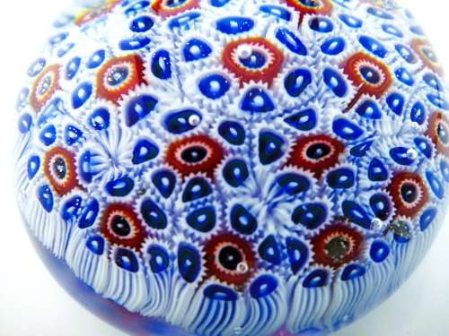 Stunning vibrant blue and red Millefiori glass paperweight VMI