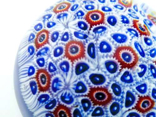 Stunning vibrant blue and red Millefiori glass paperweight VMI