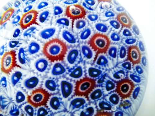Stunning vibrant blue and red Millefiori glass paperweight VMI