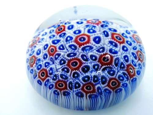 Stunning vibrant blue and red Millefiori glass paperweight VMI