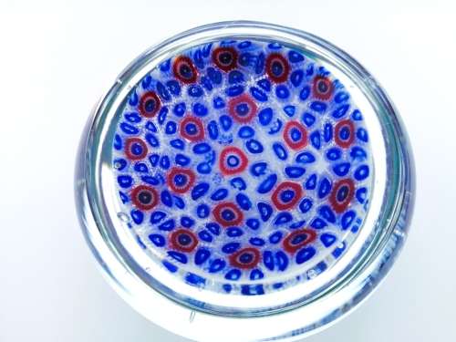Stunning vibrant blue and red Millefiori glass paperweight VMI
