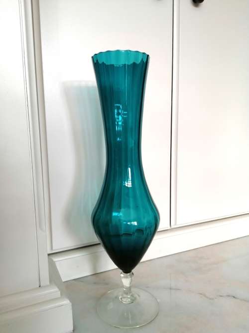 Mid Century Vintage Italian Hand Blown Glass Very Tall Blue - Green Vase on clear stem