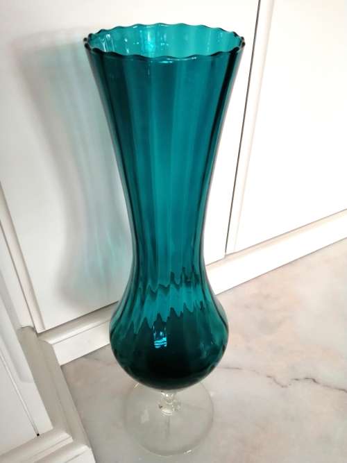 Mid Century Vintage Italian Hand Blown Glass Very Tall Blue - Green Vase on clear stem