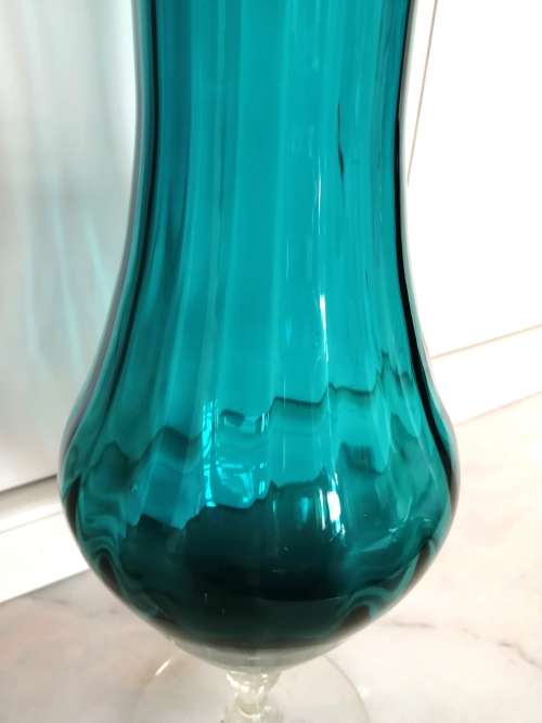 Mid Century Vintage Italian Hand Blown Glass Very Tall Blue - Green Vase on clear stem
