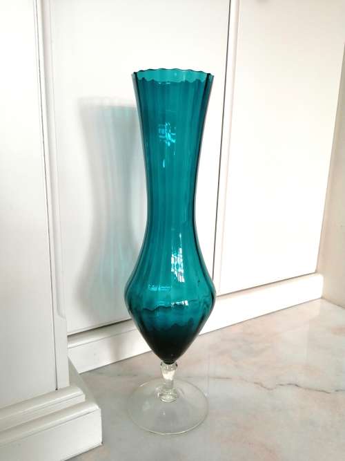 Mid Century Vintage Italian Hand Blown Glass Very Tall Blue - Green Vase on clear stem