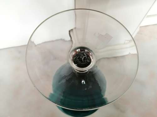 Mid Century Vintage Italian Hand Blown Glass Very Tall Blue - Green Vase on clear stem