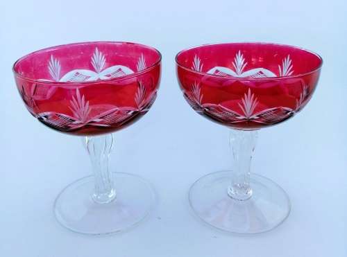 Beautiful Cranberry 2 x cut-glass champagne coupes
