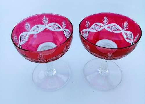 Beautiful Cranberry 2 x cut-glass champagne coupes