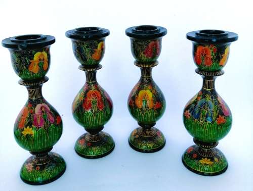Four Paper Mache Candle Sticks, Hand-painted Floral Design, Made in Kashmir, Indi