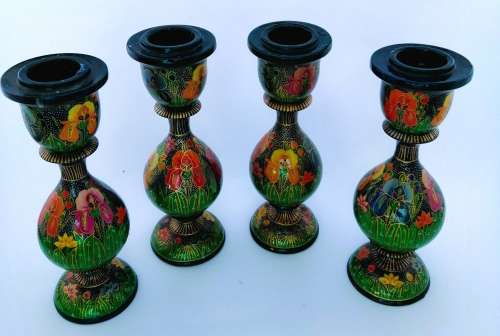 Four Paper Mache Candle Sticks, Hand-painted Floral Design, Made in Kashmir, Indi