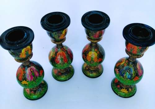 Four Paper Mache Candle Sticks, Hand-painted Floral Design, Made in Kashmir, Indi