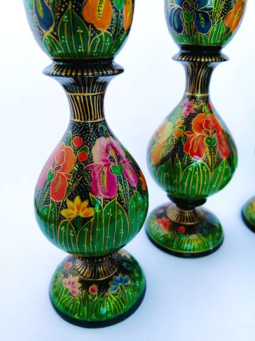 Four Paper Mache Candle Sticks, Hand-painted Floral Design, Made in Kashmir, Indi