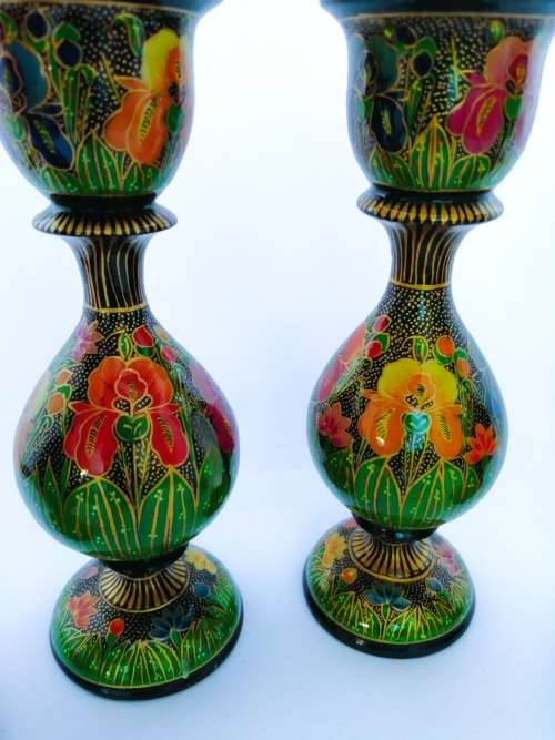 Four Paper Mache Candle Sticks, Hand-painted Floral Design, Made in Kashmir, Indi