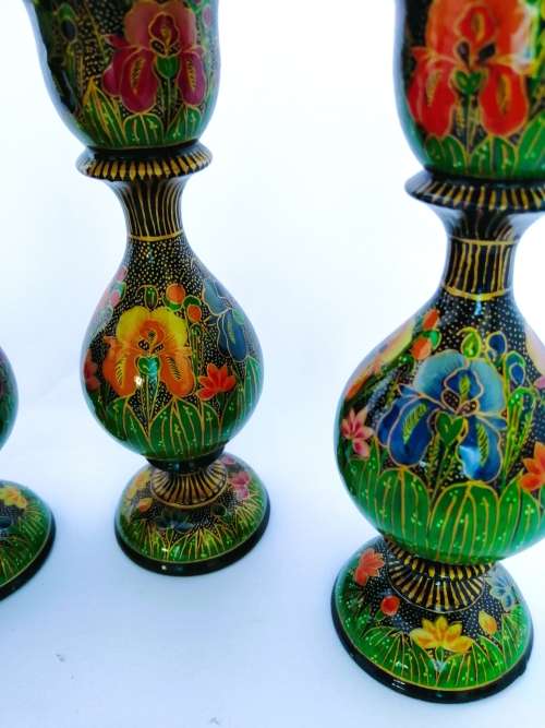 Four Paper Mache Candle Sticks, Hand-painted Floral Design, Made in Kashmir, Indi