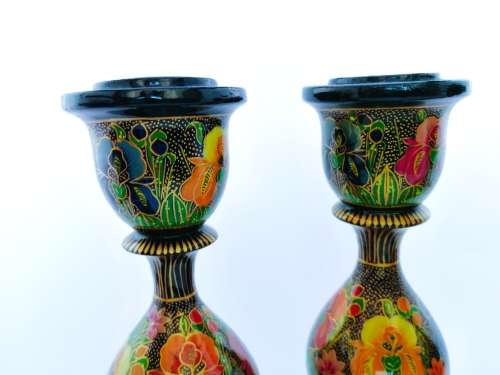 Four Paper Mache Candle Sticks, Hand-painted Floral Design, Made in Kashmir, Indi