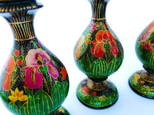 Four Paper Mache Candle Sticks, Hand-painted Floral Design, Made in Kashmir, Indi