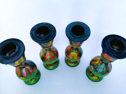 Four Paper Mache Candle Sticks, Hand-painted Floral Design, Made in Kashmir, Indi
