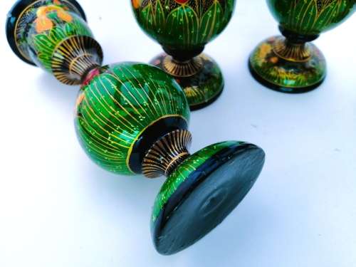 Four Paper Mache Candle Sticks, Hand-painted Floral Design, Made in Kashmir, Indi