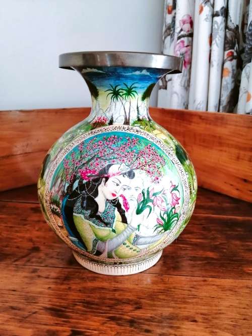 Paper Mache Vase,Brass inside Hand-painted,Kashmir, India