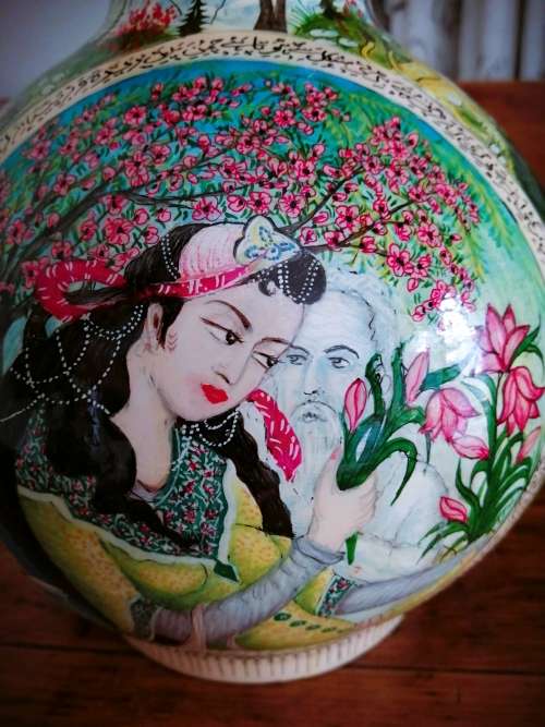 Paper Mache Vase,Brass inside Hand-painted,Kashmir, India