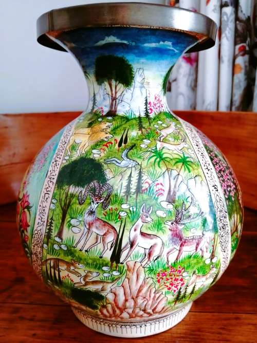 Paper Mache Vase,Brass inside Hand-painted,Kashmir, India