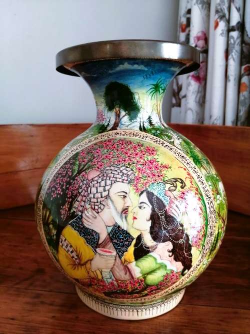 Paper Mache Vase,Brass inside Hand-painted,Kashmir, India