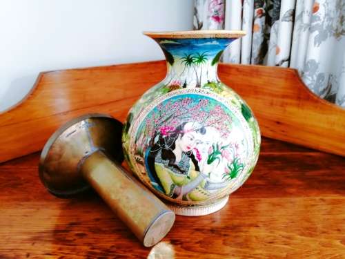 Paper Mache Vase,Brass inside Hand-painted,Kashmir, India